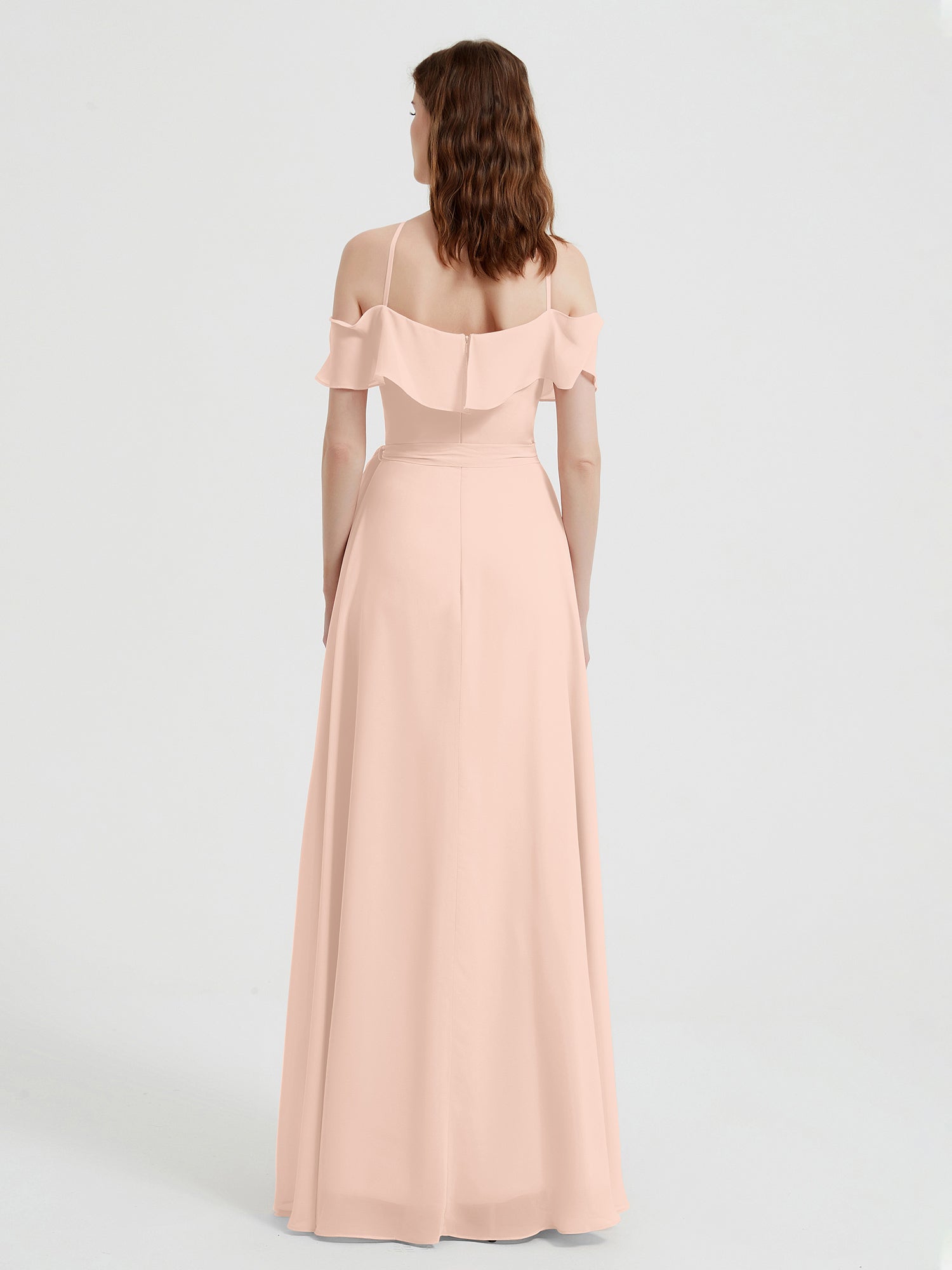 Y Neck Chiffon Dress with Ruffles Sleeves Pearl Pink